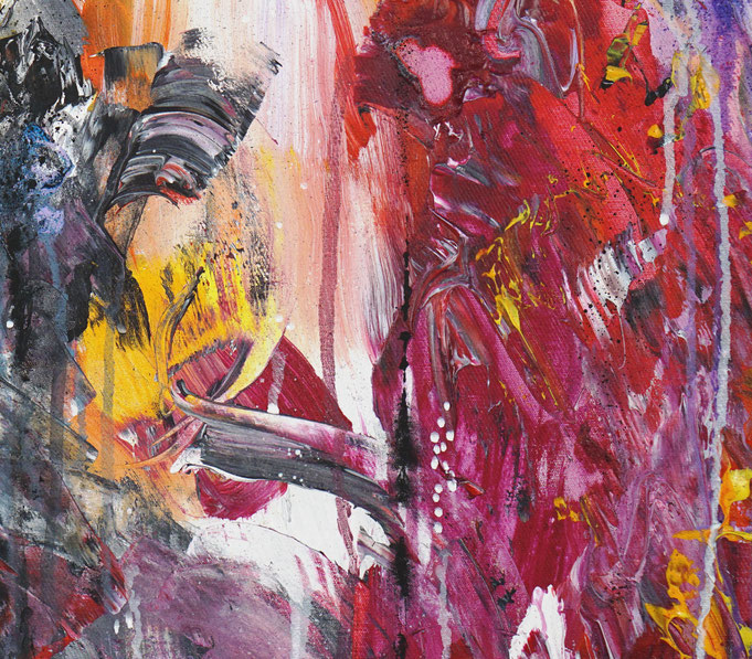 Detail des abstrakten Gemäldes. Rot buntes, detailliertes Acrylbild auf Leinwand 