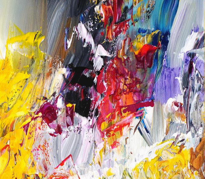 Detail des abstrakten Gemäldes. Rot buntes, detailliertes Acrylbild auf Leinwand 