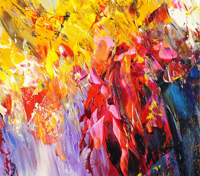 Detail des abstrakten Gemäldes. Rot buntes, detailliertes Acrylbild auf Leinwand 