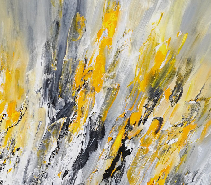 Detail des abstrakten Gemäldes. Gelb graues, detailliertes Acrylbild auf Leinwand 