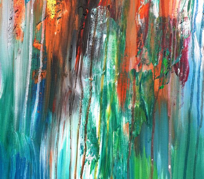 Detail des abstrakten Gemäldes. Rot buntes, detailliertes Acrylbild auf Leinwand 