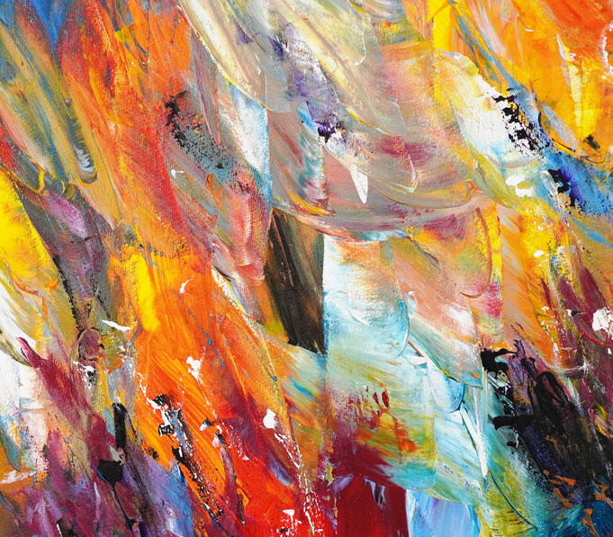 Detail des abstrakten, lebhaften Gemäldes im Großformat, Acryl auf 3,6 qm Leinwand