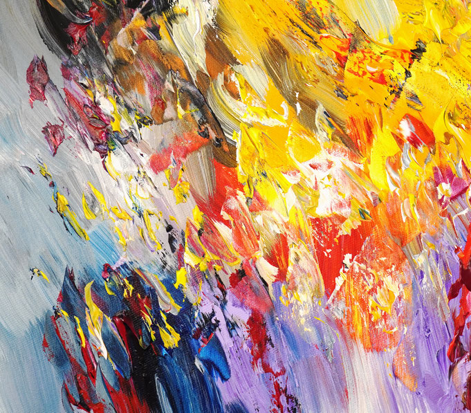 Detail des abstrakten Gemäldes. Rot buntes, detailliertes Acrylbild auf Leinwand 