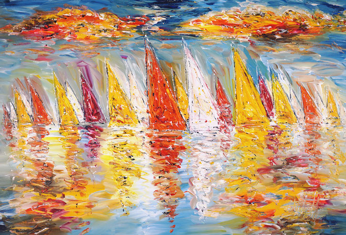 maritimes Gemälde, Segelboot, blau, moderne Kunst,  fertig auf einen Keilrahmen gespannt.