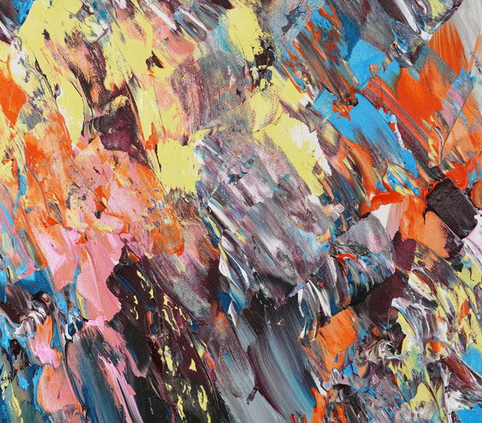 Detail des abstrakten Gemäldes. Rot buntes, detailliertes Acrylbild auf Leinwand 