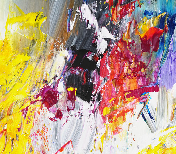 Detail des abstrakten Gemäldes. Rot buntes, detailliertes Acrylbild auf Leinwand 