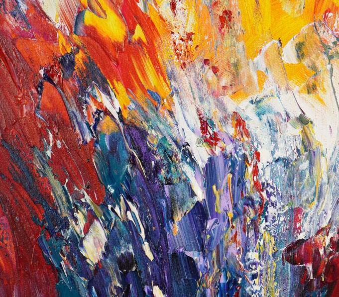 Detail des abstrakten Gemäldes. Rot buntes, detailliertes Acrylbild auf Leinwand 