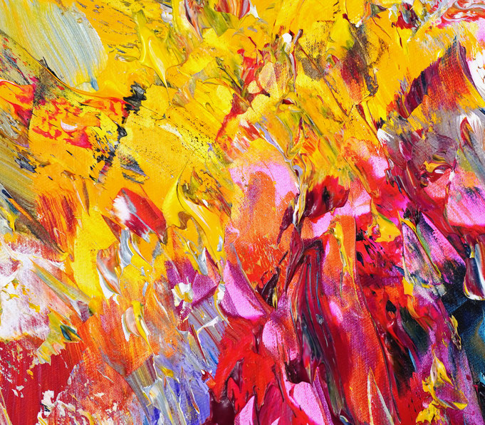Detail des abstrakten Gemäldes. Rot buntes, detailliertes Acrylbild auf Leinwand 