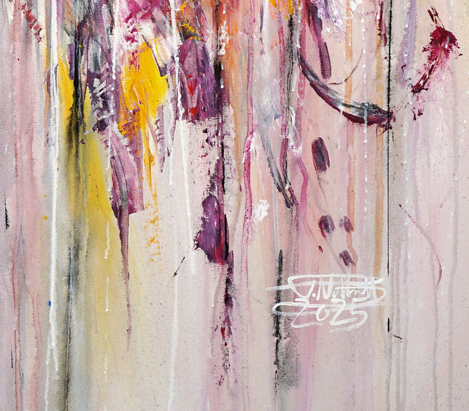 Detail des abstrakten Gemäldes. Rot buntes, detailliertes Acrylbild auf Leinwand 