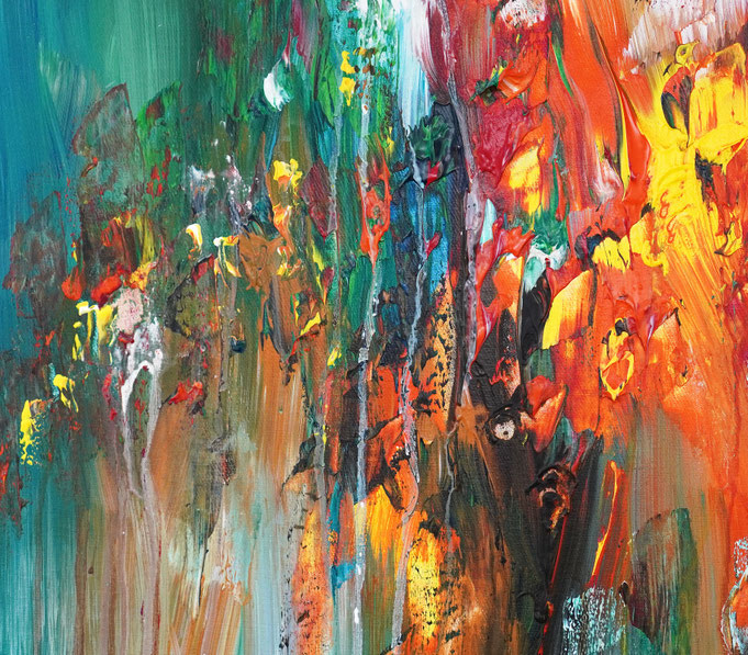 Detail des abstrakten Gemäldes. Rot buntes, detailliertes Acrylbild auf Leinwand 