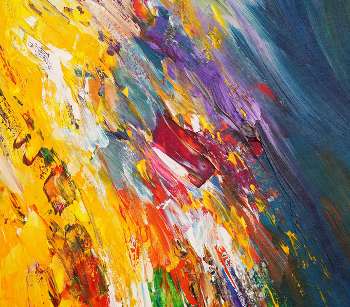 Detail des abstrakten Gemäldes. Rot buntes, detailliertes Acrylbild auf Leinwand 