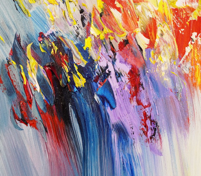 Detail des abstrakten Gemäldes. Rot buntes, detailliertes Acrylbild auf Leinwand 