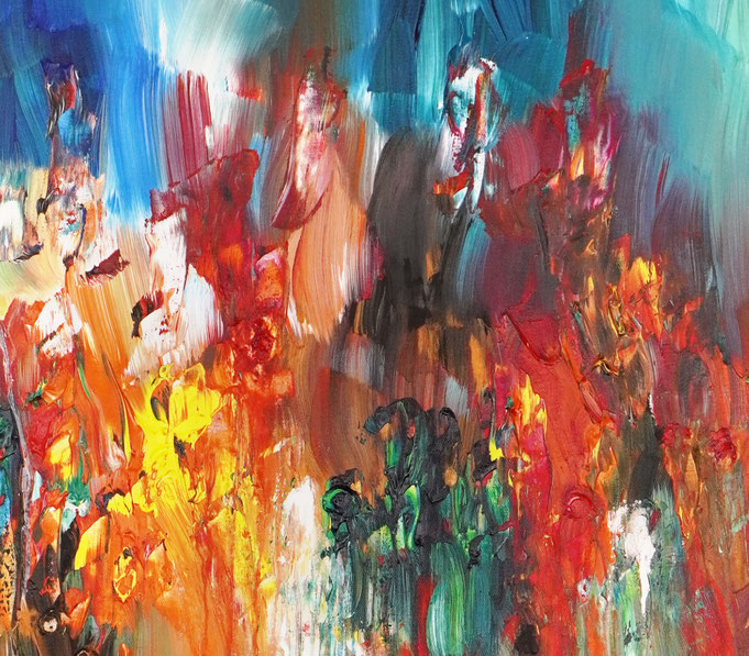 Detail des abstrakten Gemäldes. Rot buntes, detailliertes Acrylbild auf Leinwand 