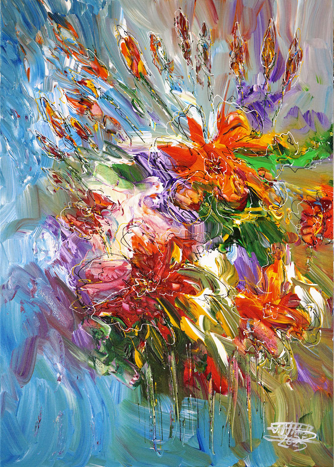 Blumengemälde von Peter Nottrott im Hochformat 70 x 50