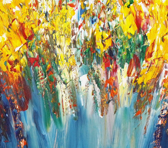 Detail des abstrakten Gemäldes. Rot buntes, detailliertes Acrylbild auf Leinwand 