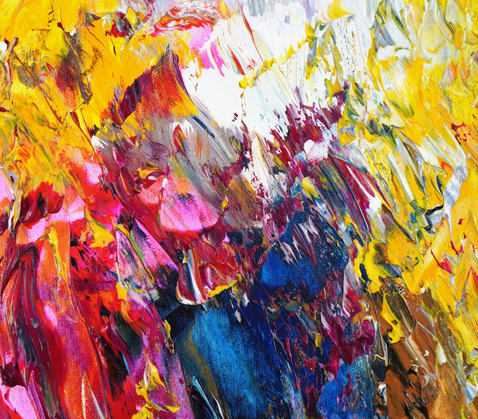 Detail des abstrakten Gemäldes. Rot buntes, detailliertes Acrylbild auf Leinwand 