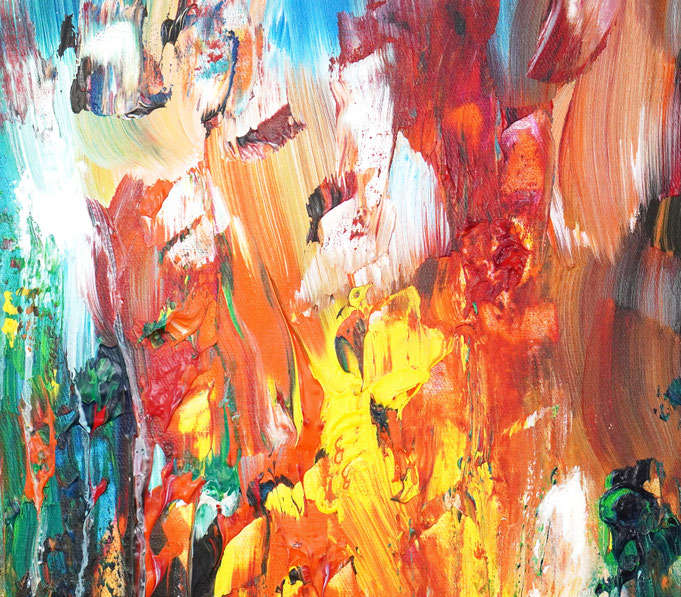 Detail des abstrakten Gemäldes. Rot buntes, detailliertes Acrylbild auf Leinwand 