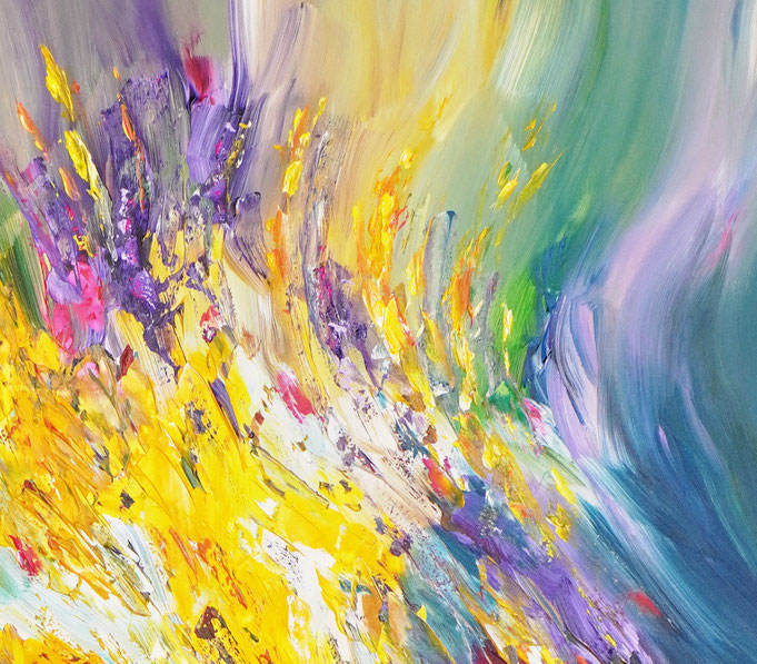Detail des abstrakten Gemäldes. Rot buntes, detailliertes Acrylbild auf Leinwand 