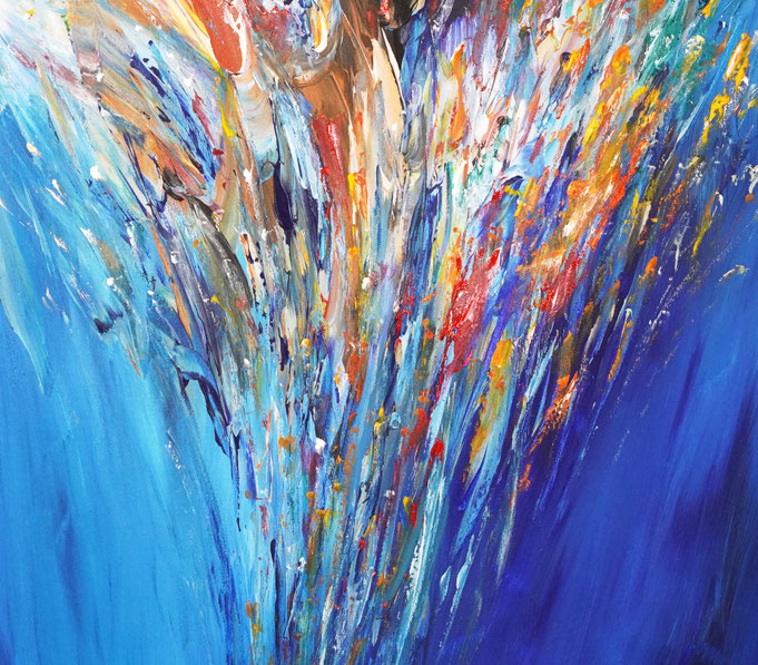 Detail des abstrakten, lebhaften Gemäldes im Großformat, Acryl auf 3,6 qm Leinwand
