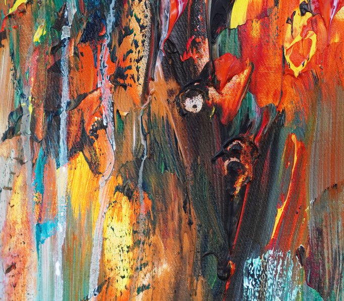 Detail des abstrakten Gemäldes. Rot buntes, detailliertes Acrylbild auf Leinwand 