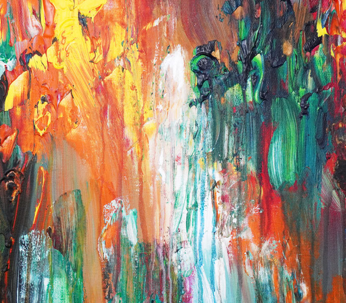 Detail des abstrakten Gemäldes. Rot buntes, detailliertes Acrylbild auf Leinwand 
