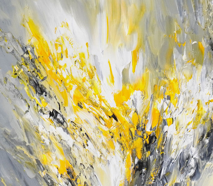 Detail des abstrakten Gemäldes. Gelb graues, detailliertes Acrylbild auf Leinwand 