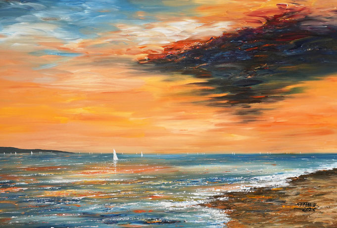 maritimes Gemälde, Segelboot, blau, moderne Kunst,  fertig auf einen Keilrahmen gespannt.