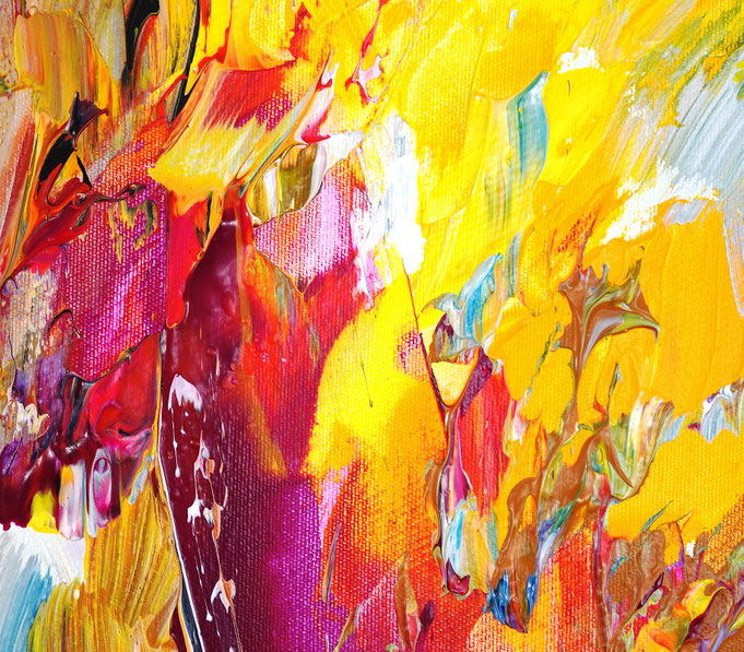 Detail des abstrakten Gemäldes. Rot buntes, detailliertes Acrylbild auf Leinwand 
