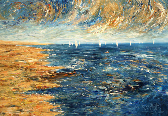 maritimes Gemälde, Segelboot, blau, moderne Kunst,  fertig auf einen Keilrahmen gespannt.