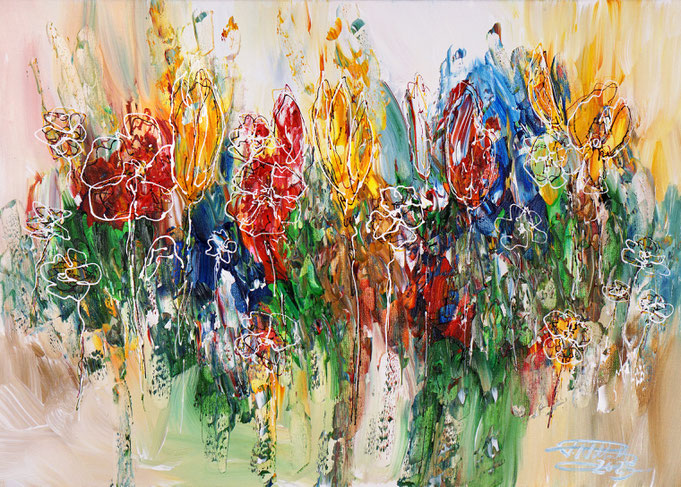 Blumengemälde von Peter Nottrott im Hochformat 70 x 50