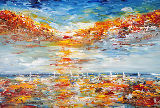 maritimes Gemälde, Segelboot, blau, moderne Kunst,  fertig auf einen Keilrahmen gespannt.