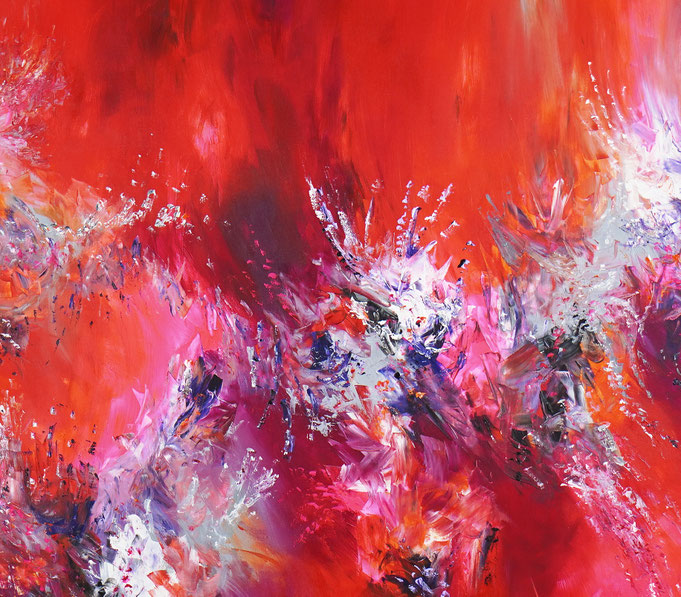 Detail des abstrakten, lebhaften Gemäldes im Großformat, Acryl auf 3,6 qm Leinwand