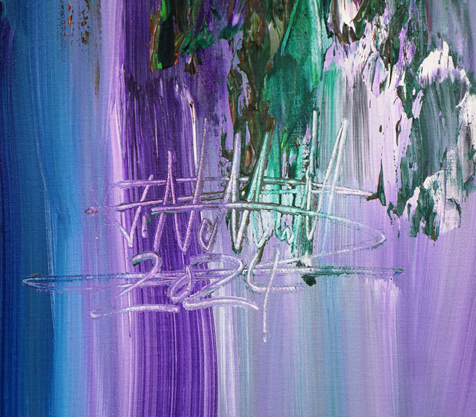 Künstler-Signatur auf dem intensiven, abstrakten Gemälde