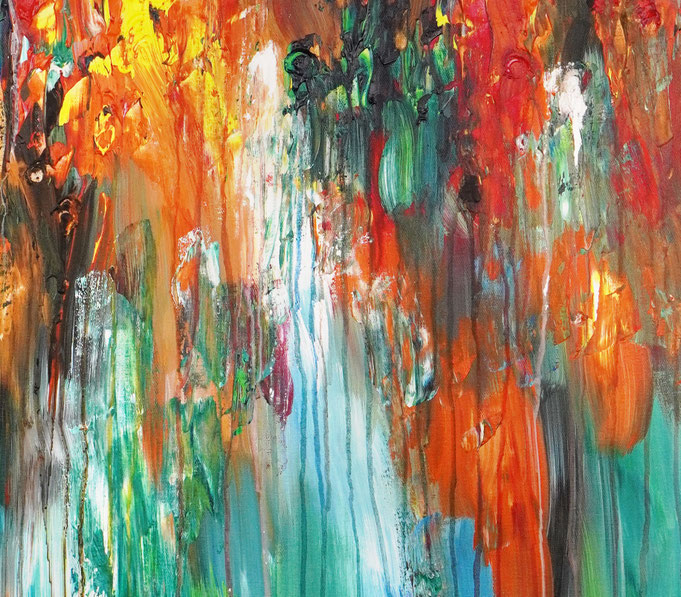 Detail des abstrakten Gemäldes. Rot buntes, detailliertes Acrylbild auf Leinwand 