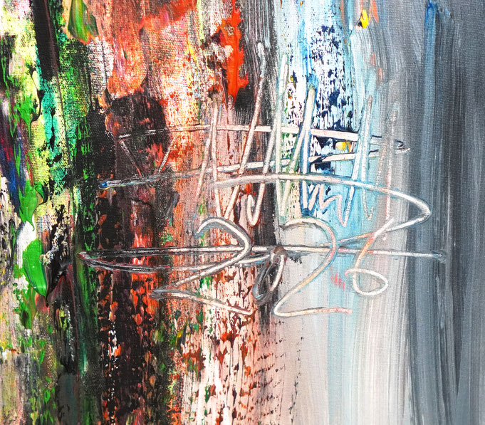 Signatur auf dem abstrakten, vielfarbigen Gemälde A Special Day L 5 von dem Kunstmaler Peter Nottrott
