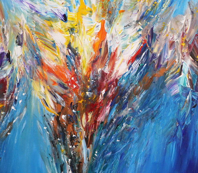 Detail des abstrakten, lebhaften Gemäldes im Großformat, Acryl auf 3,6 qm Leinwand