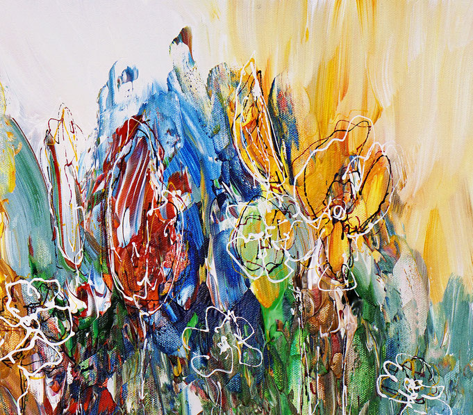 Detail des floralen, abstrahierten Acrylgemädes auf Leinwand vom Kunstmaler Peter Nottrott