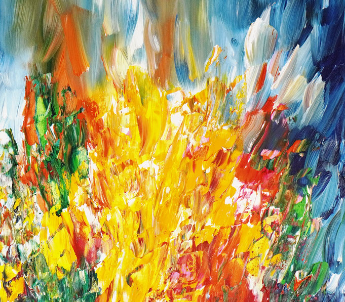 Detail des abstrakten Gemäldes. Rot buntes, detailliertes Acrylbild auf Leinwand 