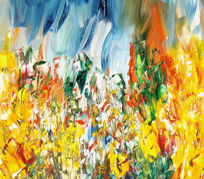 Detail des abstrakten Gemäldes. Rot buntes, detailliertes Acrylbild auf Leinwand 