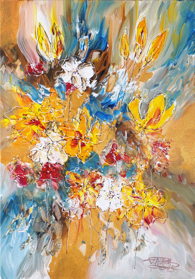 Blumengemälde von Peter Nottrott im Hochformat 70 x 50