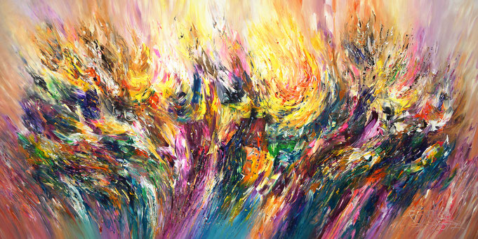 Großes, abstraktes Bild. Moderne Malerei in lebendigen, fließenden Farben.  
