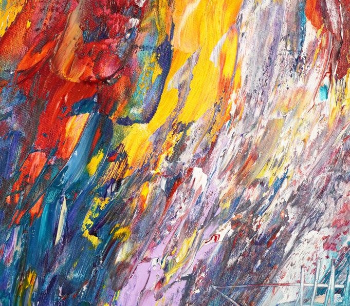 Detail des abstrakten Gemäldes. Rot buntes, detailliertes Acrylbild auf Leinwand 