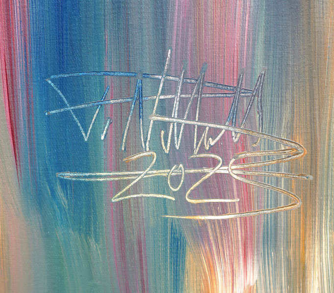 Signatur auf dem abstrakten, vielfarbigen Gemälde A Special Day L 5 von dem Kunstmaler Peter Nottrott