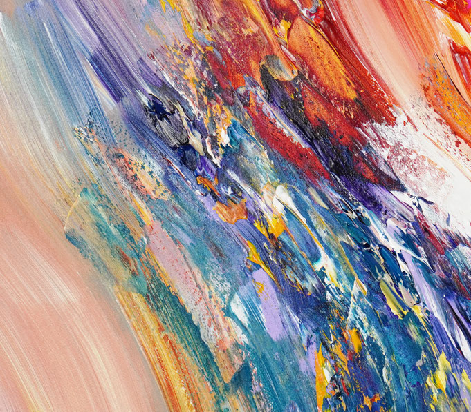 Detail des abstrakten Gemäldes. Rot buntes, detailliertes Acrylbild auf Leinwand 