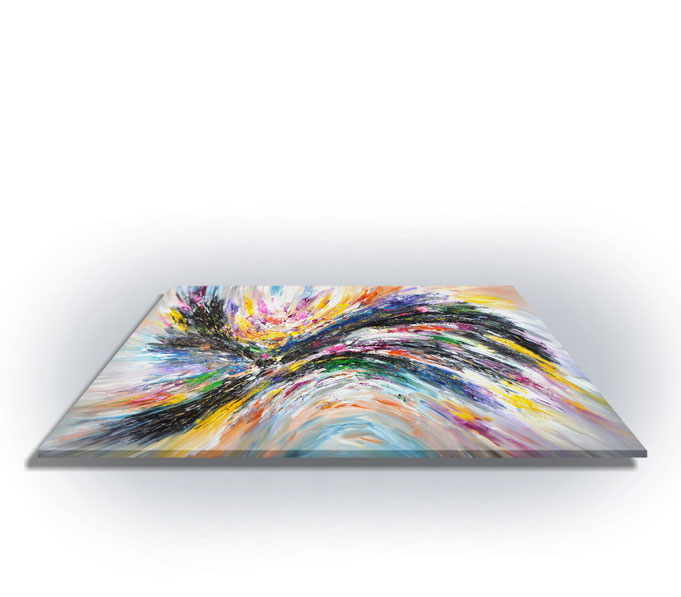 Seitenansicht: da die Kanten mitbemalt sind, braucht das Gemälde nur aufgespannt zu werden.  Es ist kein weiterer Rahmen erfroderlich.