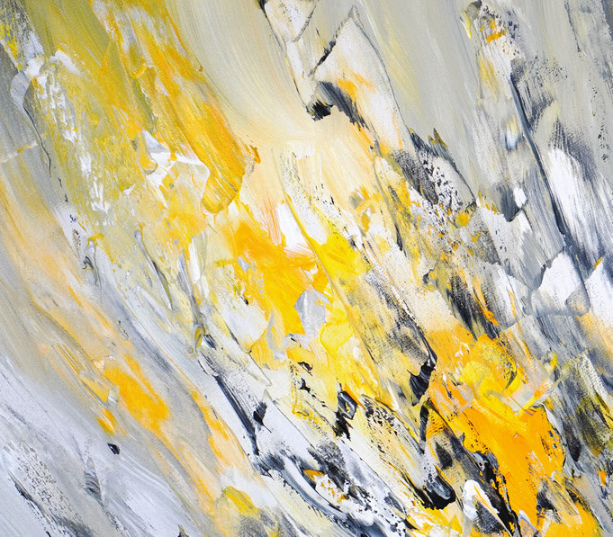 Detail des abstrakten Gemäldes. Gelb graues, detailliertes Acrylbild auf Leinwand 