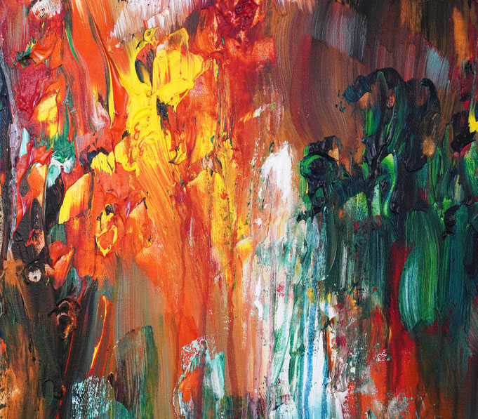 Detail des abstrakten Gemäldes. Rot buntes, detailliertes Acrylbild auf Leinwand 