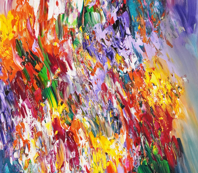 Detailfoto des abstrakten, vielfarbigen Gemäldes im Hochformat von dem Kunstmaler Peter Nottrott