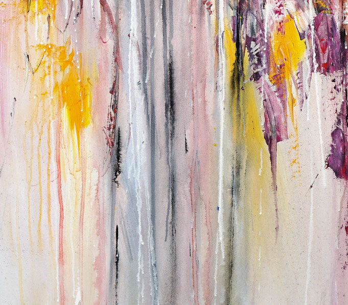 Detail des abstrakten Gemäldes. Rot buntes, detailliertes Acrylbild auf Leinwand 