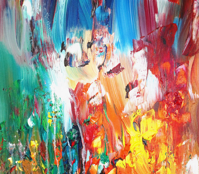 Detail des abstrakten Gemäldes. Rot buntes, detailliertes Acrylbild auf Leinwand 